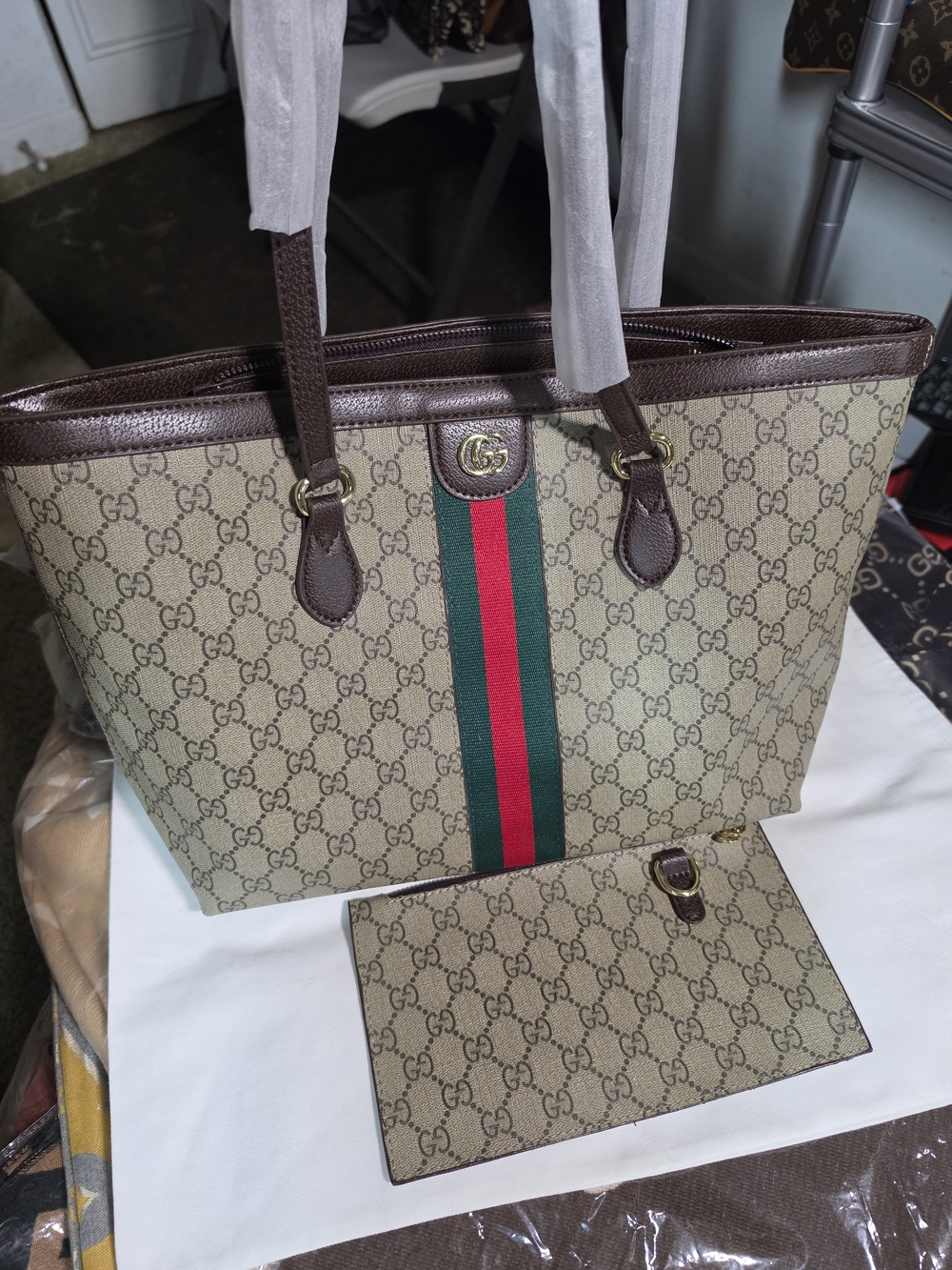 Beige Monogram Tote with Brown Trim and Green-Red Center Stripe